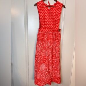 Vintage 70's‎ Design House Apron Dress Smock Cotton Red Floral Patchwork Print
